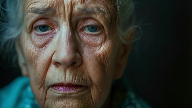An elderly Caucasian woman her face displaying both regret and resilience as she reflects on her past actions and the discrimination she has witnessed, Elderly female With Piercing Blue Eyes Staring