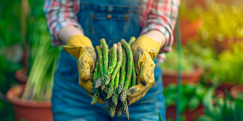 female farmer in gloves holding asparagus in the background of a garden