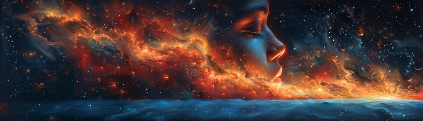 Dreamlike portrait blending human features with cosmic elements capturing the essence of the universe within