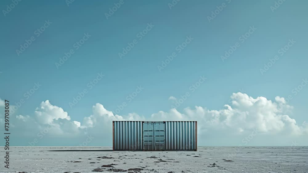 Poster a shipping container stands alone on a deserted beach representing the impact of container shortages
