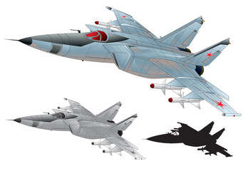 Russian twin engine mach3 jet fighter Mikoyan-Gurevich MiG-25, image illustration (monotone, black silhouette set)