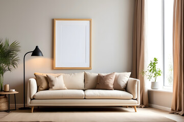 A mockup of empty, blank picture frames in a modern, cozy room design. Copy Space picture frame design.