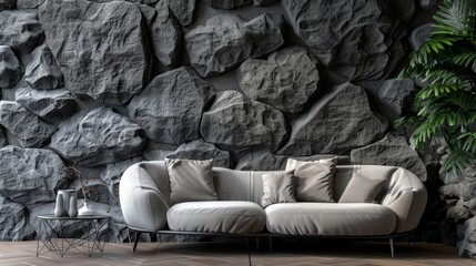 Living room interior natural rock wall, 3d rendering. Generative Ai