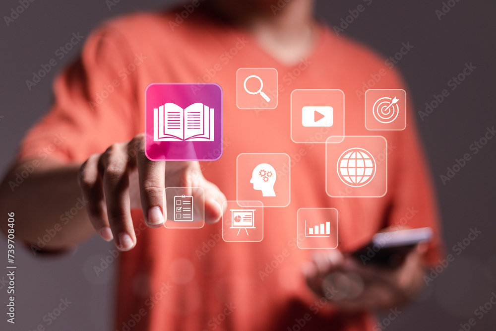 Poster e-learning education concept, person touching e-learning icon on virtual screen. learning online wit