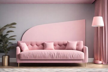 Comfortable light cool pink sofa with soft baby pink cushion and lamp near wall with floral print in room
