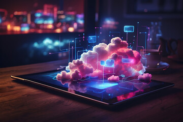 Neon light showing cloud computing on tablet computers design. neon light showing cloud computing on tablet computer design. - obrazy, fototapety, plakaty