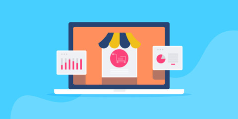 Analytics data of ecommerce business online store, inventory and sales insights, graph chart on dashboard on laptop screen, vector illustration.