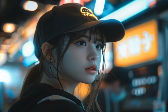 Asian woman shopping, standing in front of store window during clearance sale event