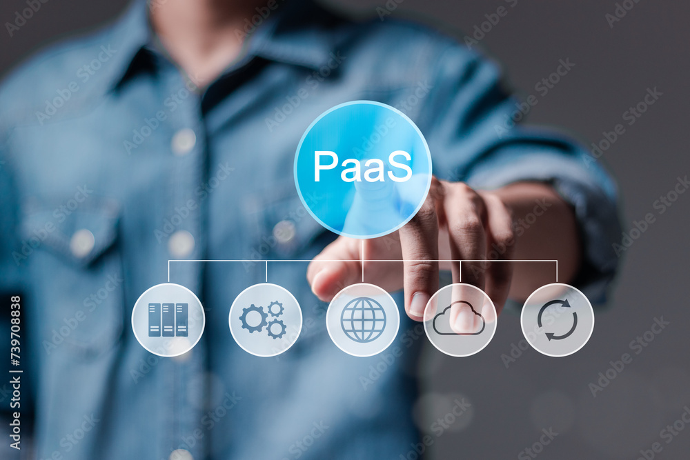 Poster paas, platform as a service concept. cloud computing service on software platform. person touching p