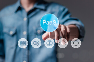 PaaS, Platform as a Service concept. Cloud computing service on software platform. Person touching...