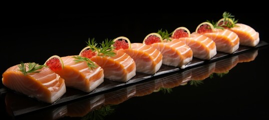 Raw turkey breast, beef and salmon fatty fish steak arranged in a row on isolated black background