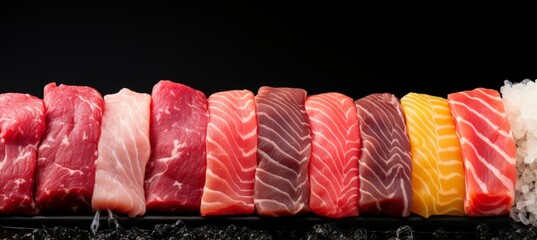 Raw turkey breast, beef and salmon fatty fish steak arranged in a row on isolated black background - obrazy, fototapety, plakaty