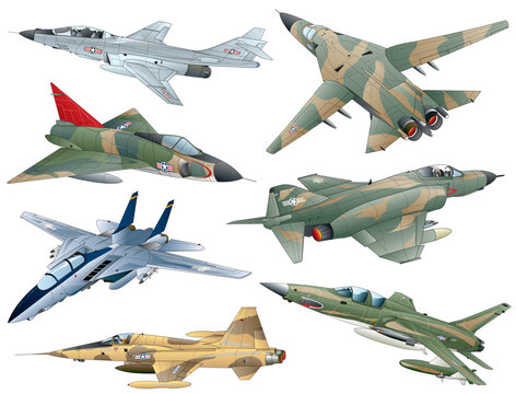 6 types of colorful jet engine mid age American  fighter vector illustrations