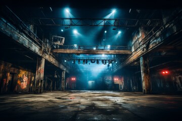 Dark modern concert music venue with an industrial atmosphere, ceiling lights shining onto the stage