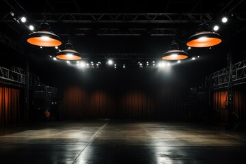 Dark modern concert music venue with an industrial atmosphere, ceiling lights shining onto the stage - obrazy, fototapety, plakaty