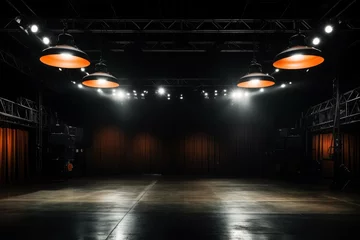 Fotobehang Dark modern concert music venue with an industrial atmosphere, ceiling lights shining onto the stage © Emvats