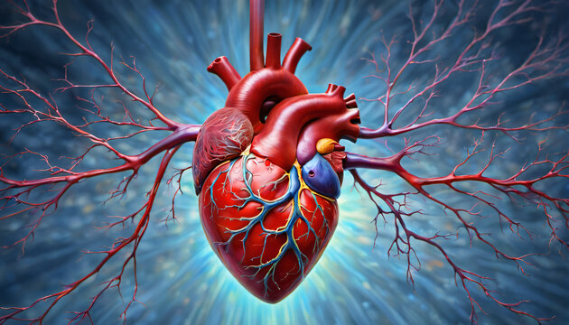 a heart with a vein running through it's center and surrounded by branches and blood vessels
