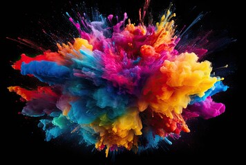 Bright colorful powder paint splashed onto a black background - obrazy, fototapety, plakaty