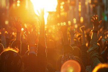 Excited Crowd with Raised Hands at an Outdoor Festival at Sunset