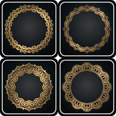 golden coloring mandala frame, line art circle set.