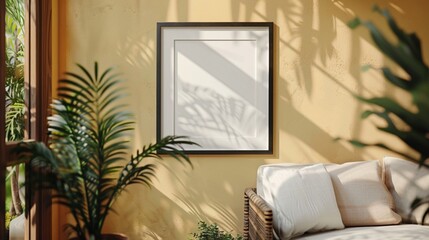 A chic frame mockup with ISO A paper size print on display in a cozy corner of a brightly lit living room with a houseplant in the background