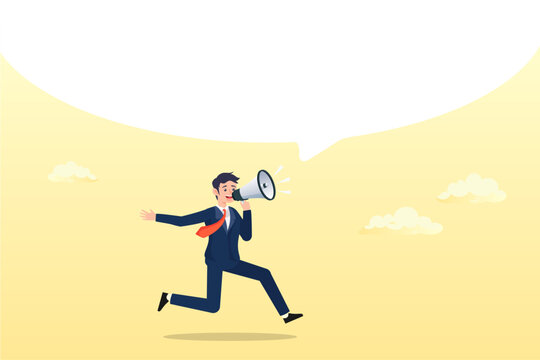 Businessman speak out on megaphone with big speech bubble, Man speak out or speak up to communicate, telling the truth or big announcement, voice to be heard, male leadership or message (Vector)