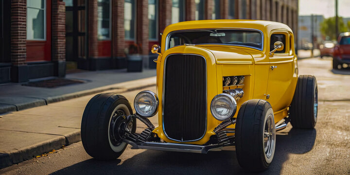 Vintage Yellow Hot Rod Gleaming on a City Street
