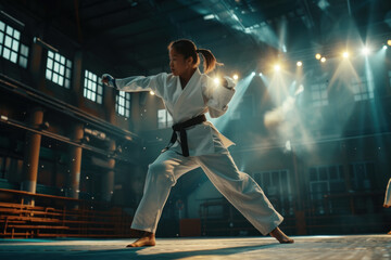 Young Female Martial Artist Practicing Karate Kata in a Dojo with Dramatic Lighting