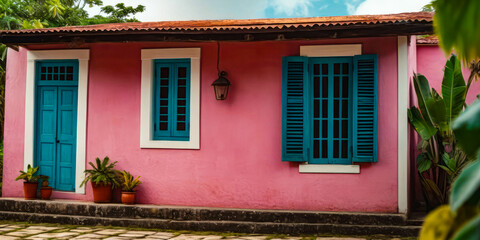 Fototapeta na wymiar Charming Pink House with Blue Accents in a Tropical Setting