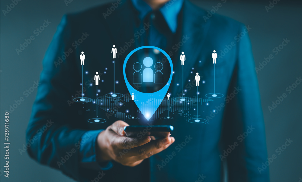 Poster crm, customer relationship management, businessman use tablet with global structure customer network