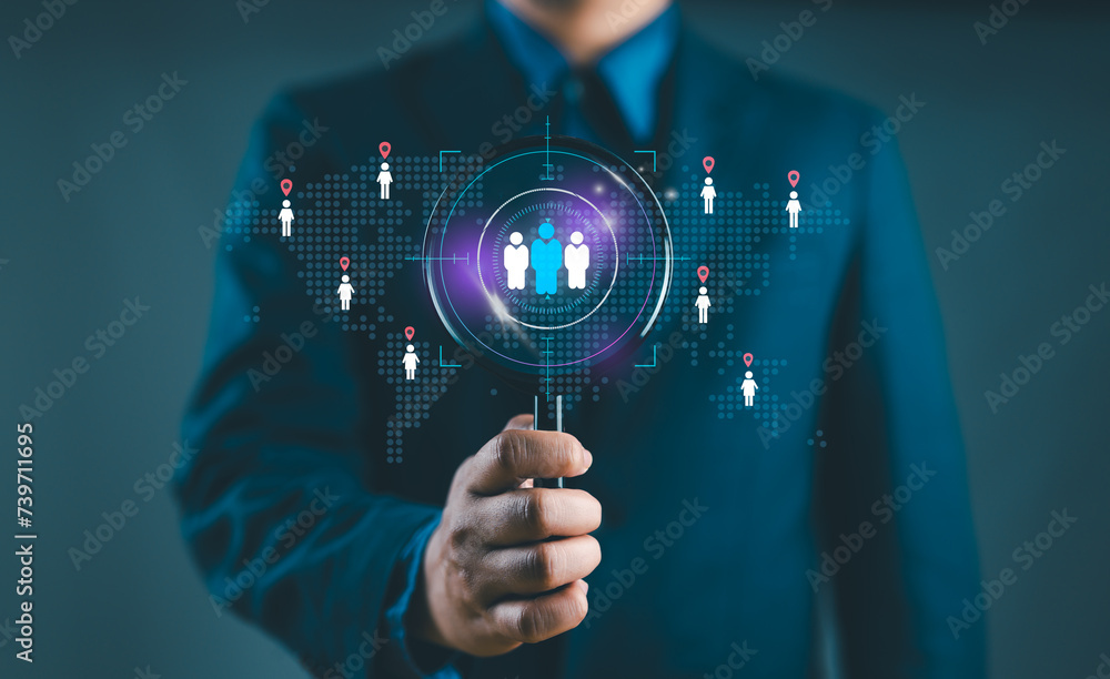 Poster customer relationship management, businessman focus target on global structure customer network tech