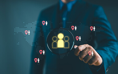 CRM, customer relationship management, Hr, HRM, Human resource, businessman focus target personnel management and recruitment, organizational structure, organizational leadership and team building.