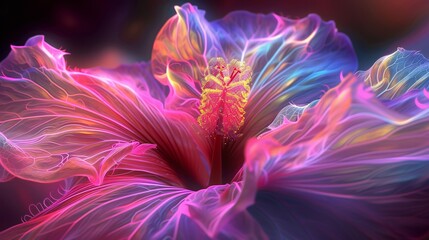 Luminous Blooms: Hibiscus shines with neon, veins glittering softly.