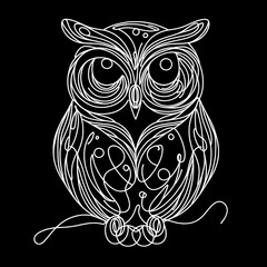 A monochromatic illustration of an owl on a dark backdrop.