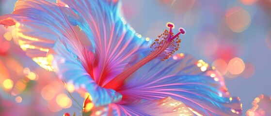 Obraz premium Lustrous Hibiscus Glow: Petals emit a glossy sheen, holographic patterns shimmering.