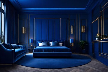 Luxury blue in the interior design room. Navy cobalt color walls and bed. Dark room in deep colors