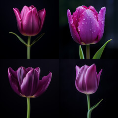 hintergund, collage, geschlossenen lila tulpe auf schwarzem hintergrund, hohe qualität, isoliert, makro, blatt, closed purple tulip on black background, high quality, isolated, macro, leaf