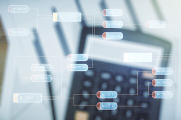 Abstract virtual coding concept on calculator background. Multiexposure