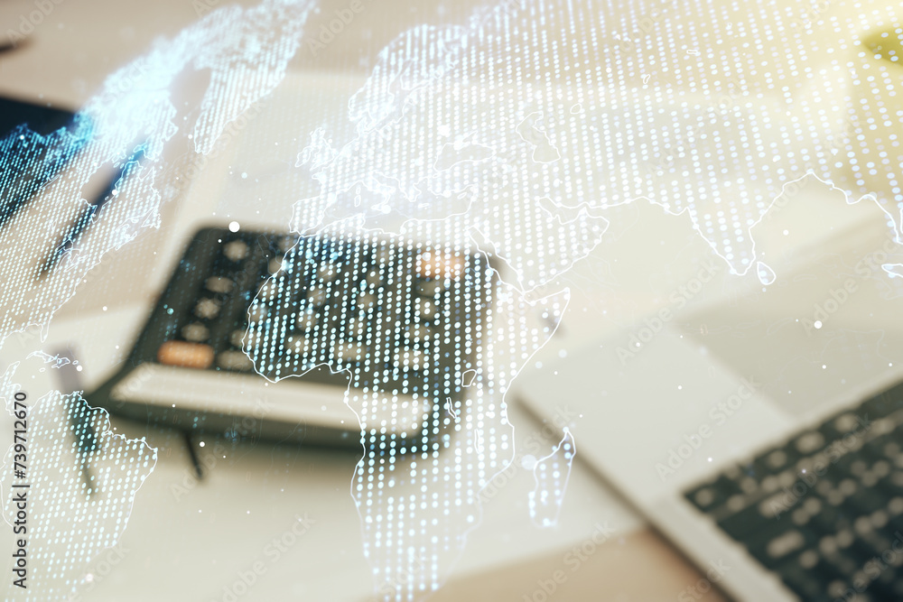 Poster multi exposure of abstract graphic world map hologram on calculator and pc background, connection an