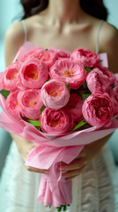 free space on the left corner for title banner with realistic photo of big round bouquet of pink peony-shaped closed spray roses, bouquet is wrapped into pink paper, holded by a young woman wearing dr
