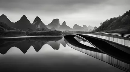 Papier Peint photo Guilin Black and white landscape image of Li river and karst mountains