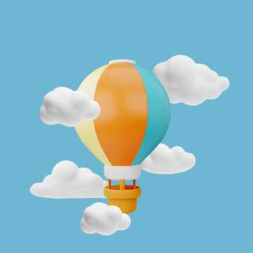 Hot air balloon with basket in the clouds, 3d vector cartoon render striped aerostat flying in the sky, air transport