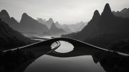 Black and white landscape image of Li river and karst mountains