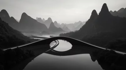 Poster Guilin Black and white landscape image of Li river and karst mountains