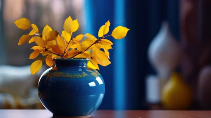 Fotobehang Autumn still life with yellow leaves in a blue vase © Daisha
