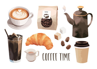 水彩で描いたコーヒーのイラスト