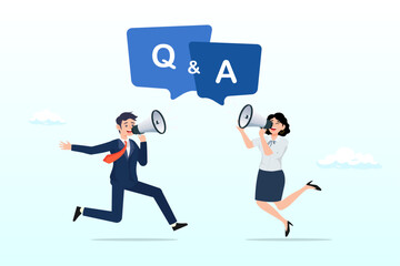 Businessman and woman shouting on megaphone as Q and A on speech bubble, Q and A, question and answer session, FAQ or frequently asked questions, information to solve problem (Vector)