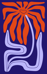 Vintage abstract botanical poster. Groovy plant with bent, distorted leaves. Funky flower with strange shape of petals. Stylized floral wall art, interior decoration. Flat graphic vector illustration