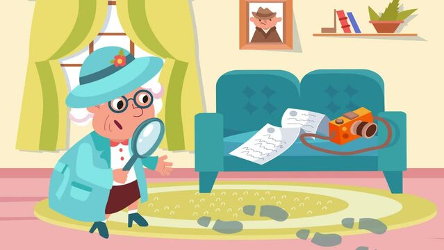 Colour children cartoon. Character grandmother detective in room. Full colour animation on white background. 4 k video