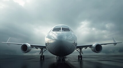 Naklejka premium Scenic front view modern passenger jet parked airport taxiway.